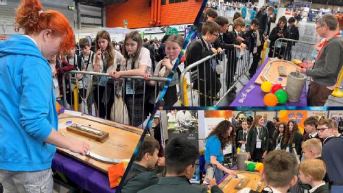 three photographs of students visiting the exhibition stands 