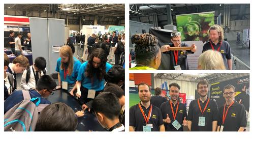 Left: group of students and outreach volunteers with interactive star table, top right two volunteers demonstrating levitating superconductor, bottom right group of outreach volunteers
