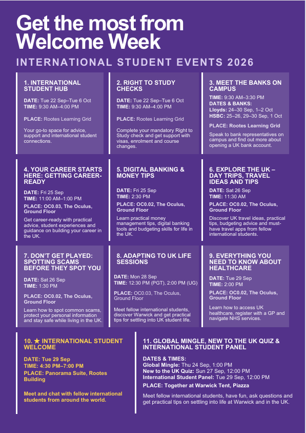 Poster detailing Welcome Week Events for International Students
