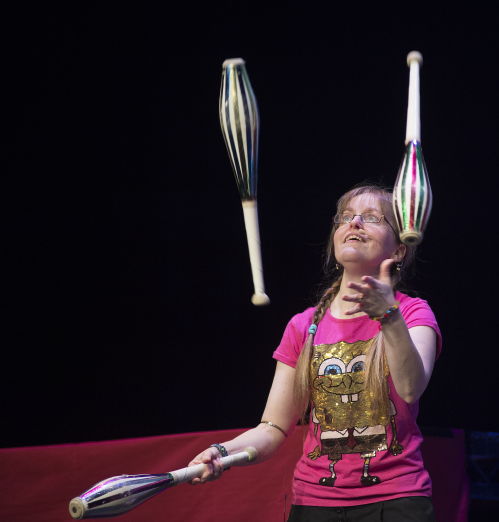 Dr. Rachel Edwards juggling with skittles 