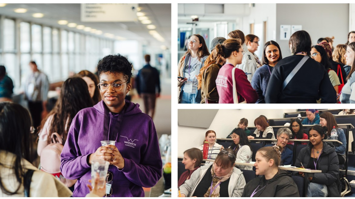 Image shows (left): student ambassdor on physics concourse, (top right) group of students talking on the concourse, (bottom right) group of students and Dame Professor Jocelyn Bell Burnell participating in a workshop in a lecture theatre