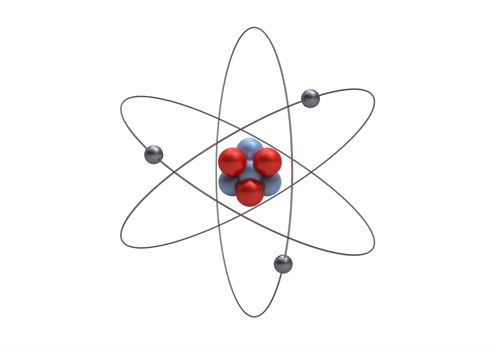 A diagram of an atom, with protons (red) and neutrons (grey) in the central nucleus and electrons around the outside
