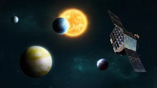 Artist's impression of the PLATO spacecraft and exoplanets.