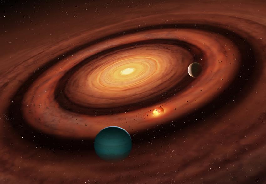 Artist rendition of the new “sandwiched planet formation” theory (Pritchard et al.(2023)). Credit: University of Warwick/Mark A. Garlick; License Type: Attribution (CC BY 4.0)