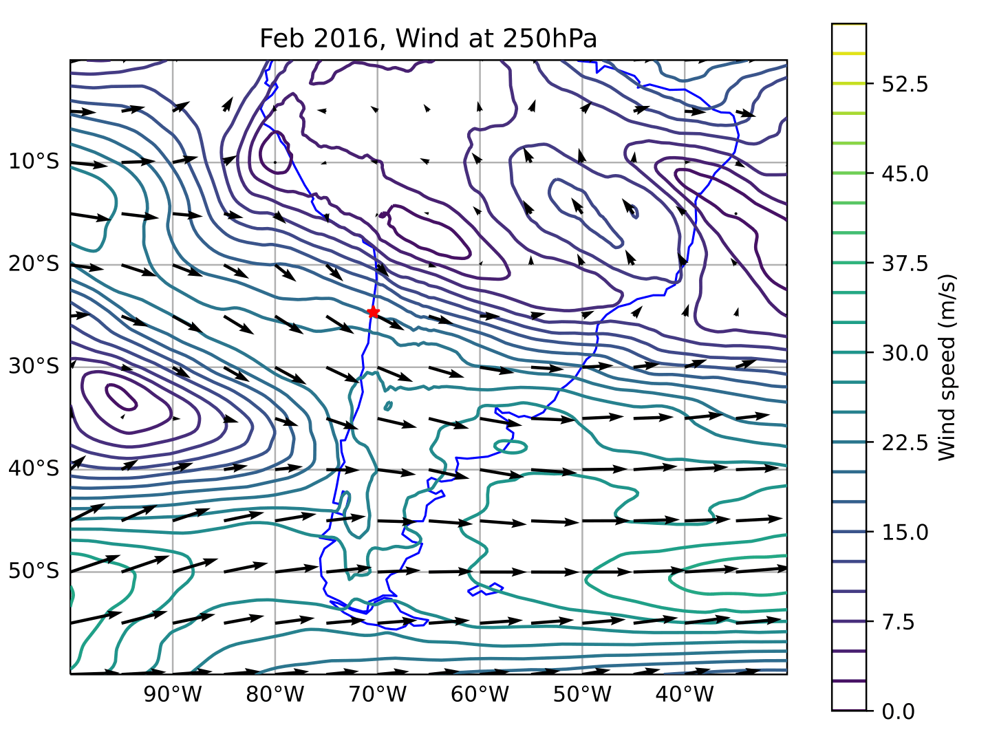 Gif showing the wind speed vectors and contours above South America for each month since January 2016 to April 2021