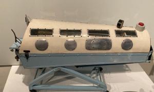 A model of the iron lung developed by Captain G T Smith-Clark, on display at the Herbert Museum, Coventry, March 2022.
