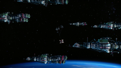 Scene of space freighters in orbit from TAG episode Space Race