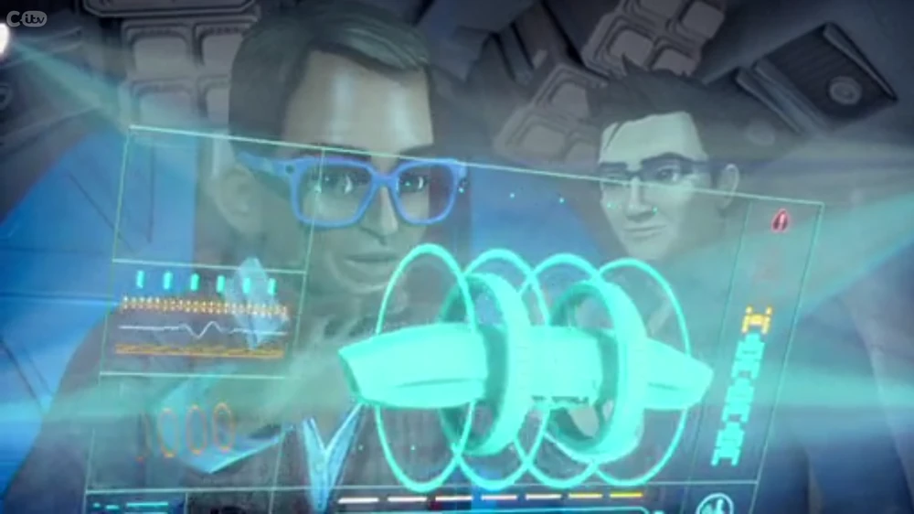 Brains and Tycho study a schematic of the maglev system in Thunderbirds Are Go episode Hyperspeed. source: thunderbirds.fandom.com
