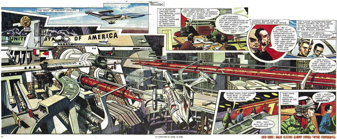 The centre spread introducing Thunderbirds comic Atlantic Tunnel in TV Century 21 magazine, June 1966, illustrated by Frank Bellamy. source: own collection.