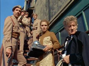 The Third Doctor, with scientist assistant Liz Shaw and the soldiers of UNIT during his time as scientific advisor.