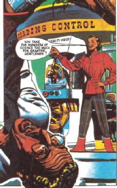 Professor Peabody quells a riot with her artificial gravity control in Dan Dare: The Red Moon Mystery