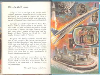 Photograph of a page from a ladybird book describing scientific progress during the reign of Queen Elizabeth II and illustrating it.