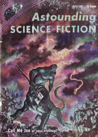 Cover illustration from Astounding, April 1957, featuring "Call Me Joe". Image source: archive.org. Artist: Kelly Freas.