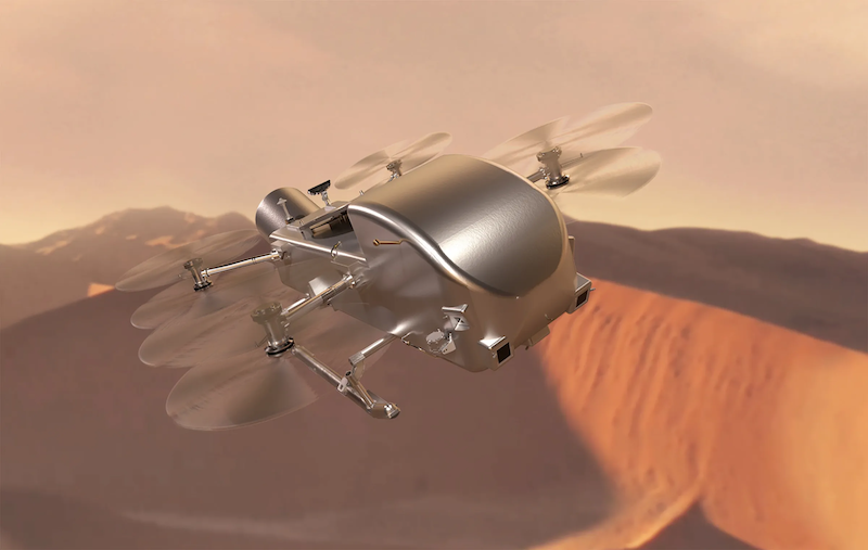 Artist's impression of upcoming Dragonfly probe on Titan. image: NASA