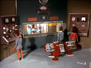 The experimental lab setup from Thunderbirds episode City of Fire, with a metal-cutting experiement underway.
