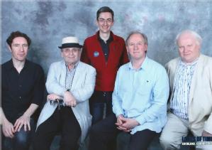 Jan Eldridge with four actors who have portrayed the Doctor.