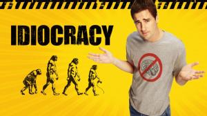 Advertising image for the 2006 film Idiocracy, showing the descent of man