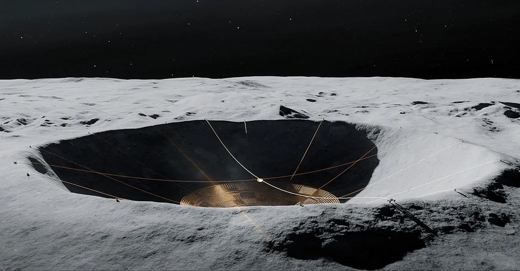 Artist's impression of a potential lunar crater radio telescope. source: https://www.nasa.gov/solar-system/lunar-crater-radio-telescope-illuminating-the-cosmic-dark-ages/