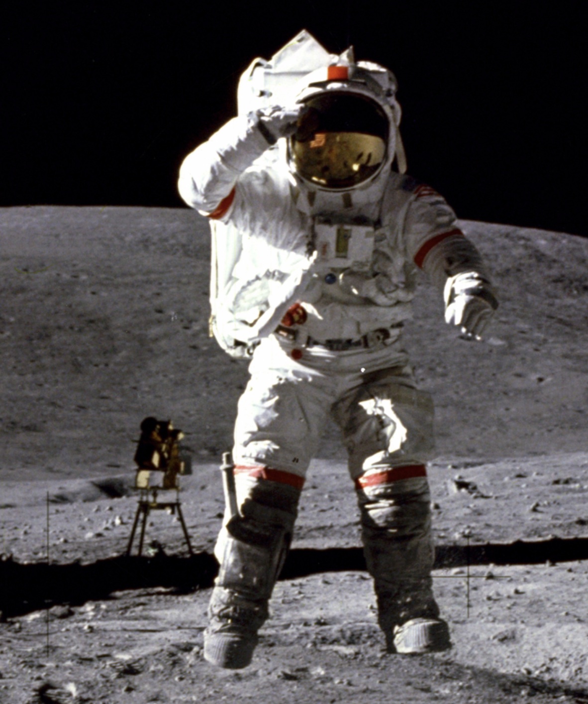 The Far Ultraviolet Camera/Spectrograph, seen deployed on the Moon behind an Apollo astronaut. Detail from https://images.nasa.gov/details/as16-113-18339