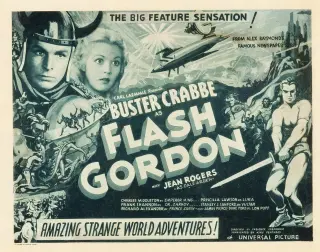 A movie poster advertising Crabbe in his role as Flash Gordon.