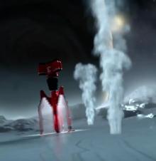 Thunderbird 3 drilling into the ice of Europa, flanked by ice geysers, in the Thunderbirds Are Go episode Deep Search