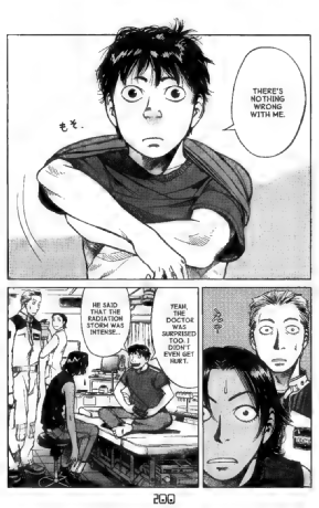 Planetes vol 1 page 200, showing characters visiting exposed astronaut in hospital