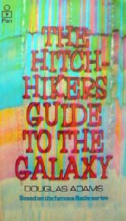 Front cover of the UK first edition of The Hitchhiker's Guide to the Galaxy