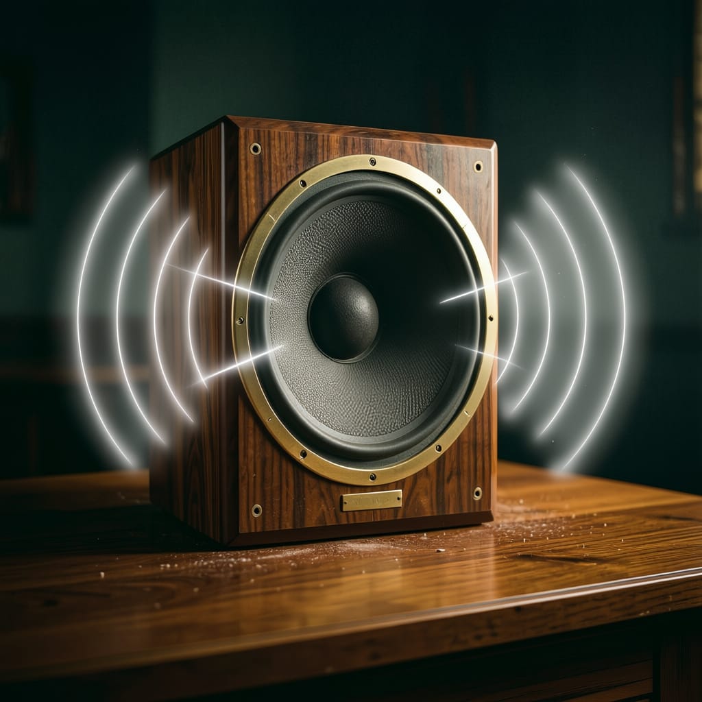 AI generated image of loudspeaker with visible soundwaves emanating from it.