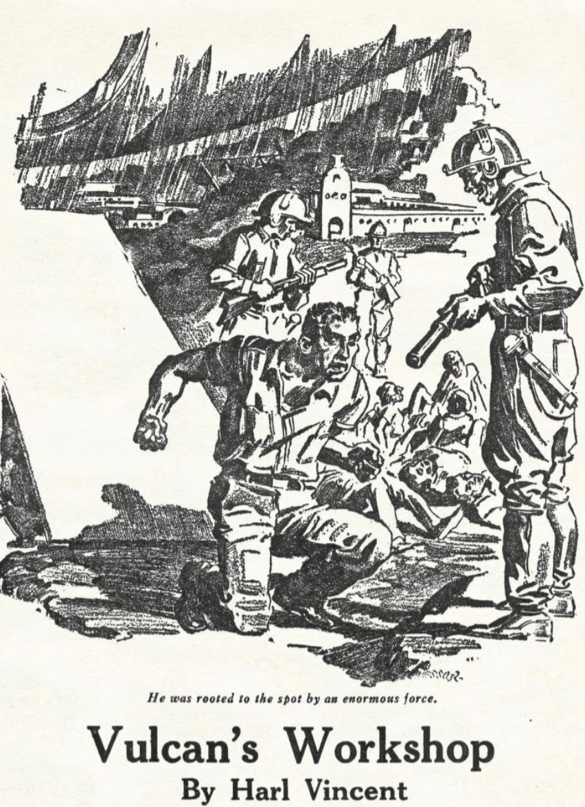 Internal illustration for Vulcan's Workshop by Harl Vincent, Astounding, June 1932.