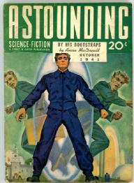 Magazine cover for Astounding Science Fiction showing By His Bootstraps
