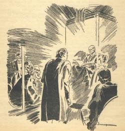 The recorded image of Seldon predicts his future in Foundation, Astounding SF, May 1942. Artist: M. Isip.