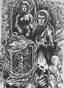 Original illustration for Garden in the Void showing shocked spacemen encountering plant life, from Galaxy Magazine May 1952