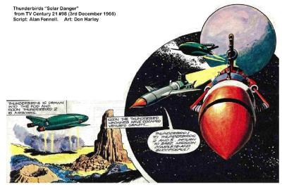 Two panels from Thunderbirds: Solar Danger showing the barren scenery of Venus, coarse jungle and its cloud-shrouded appearance.