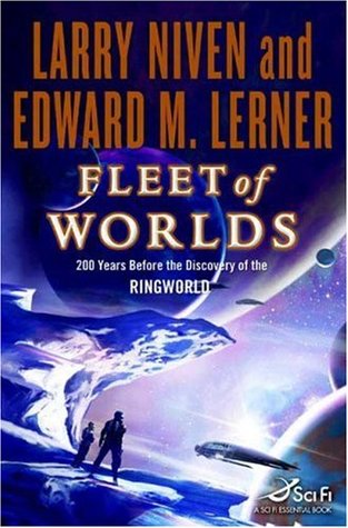 Book cover of Fleet of Worlds by Niven and Lehner, showing people looking into a sky crowded with planets.
