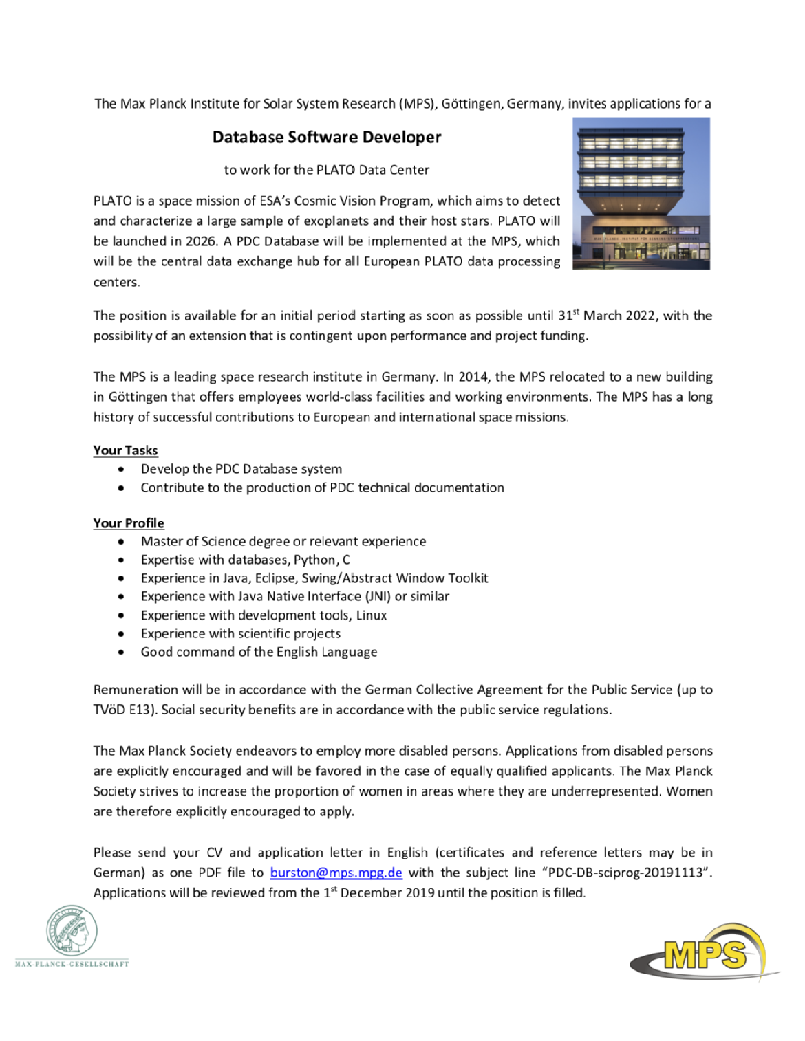 Job advert for PDC Database Software Developer.