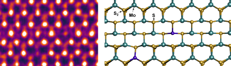 An atomic resolution image of monolayer MoS2, with a line defect running through its centre