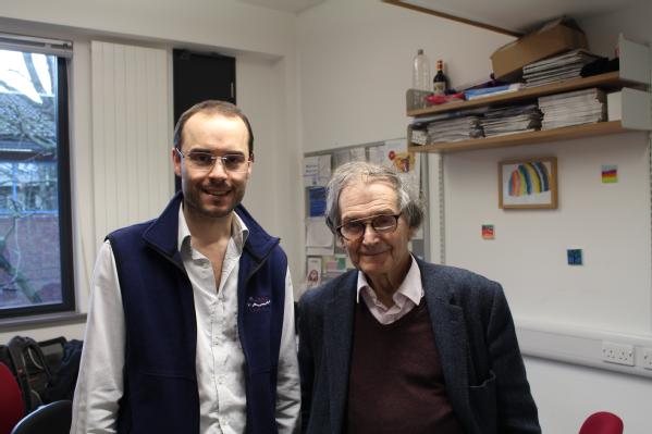 Roger Penrose and Gavin Morley in Gavin's office, January 2020.