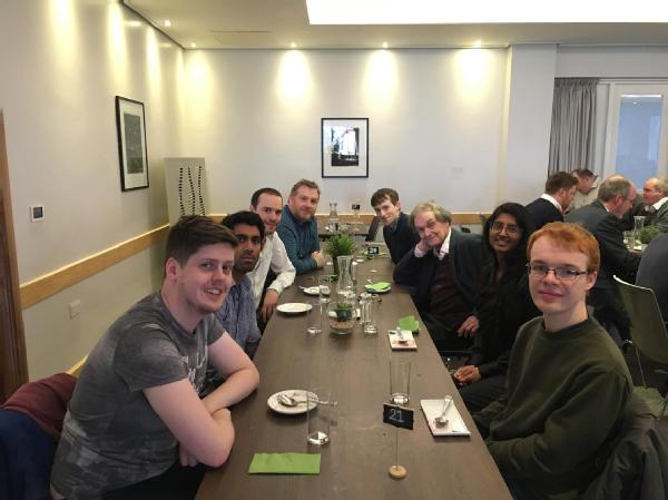 Roger Penrose having lunch with Gavin Morley's research group in Warwick in January 2020.