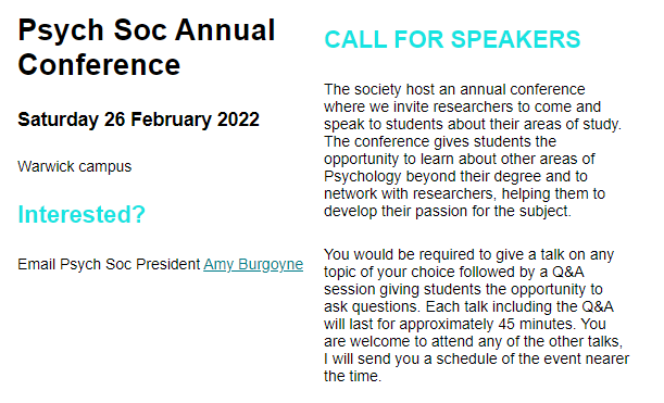 Psych Soc call for speakers