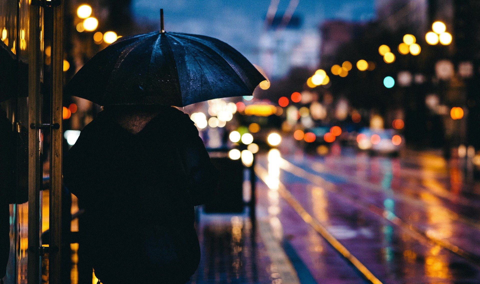 adult facing away from the camera with an umbrella in a city of blurred lights