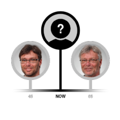 A timeline plot showing a photo of the tutor at age 45 and at age 65, with a question mark half-way between