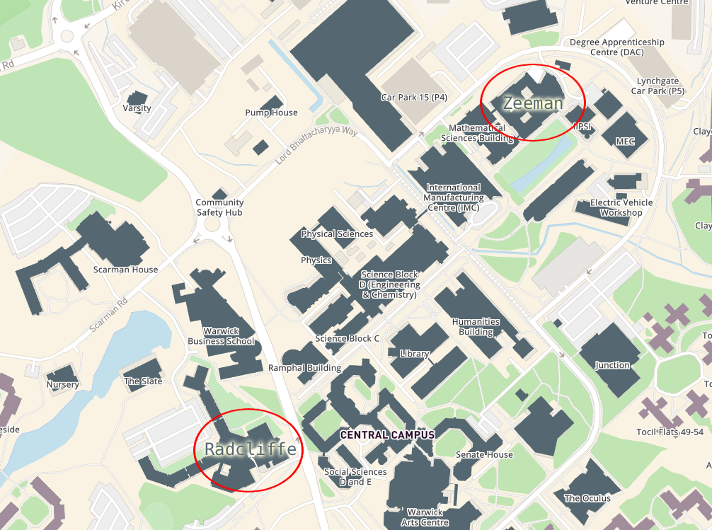 Locations of conference venue (Zeeman) and dinner venue (Radcliffe)