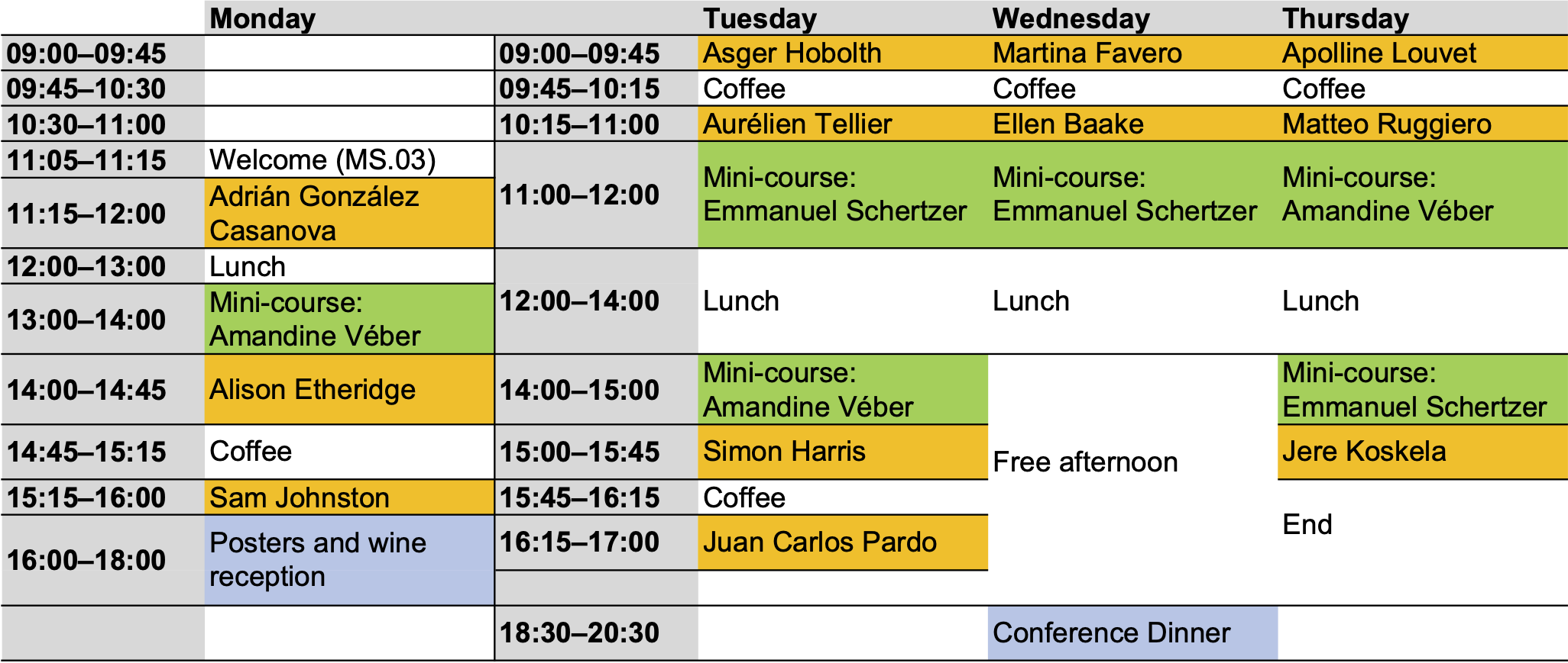 Workshop timetable