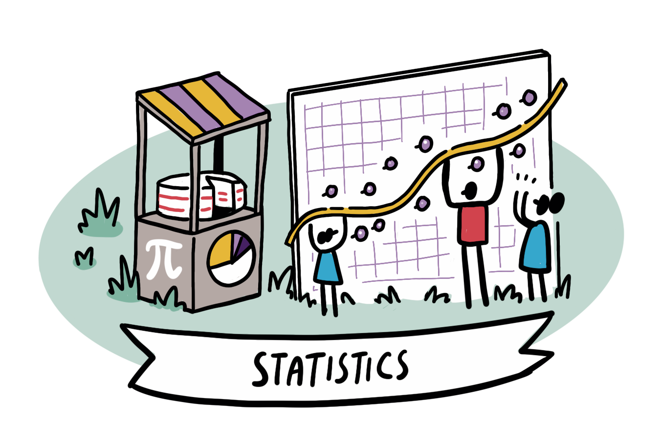 Cartoon showing a booth with a pie chart and a group of people fitting a non-linear curve to a point pattern.