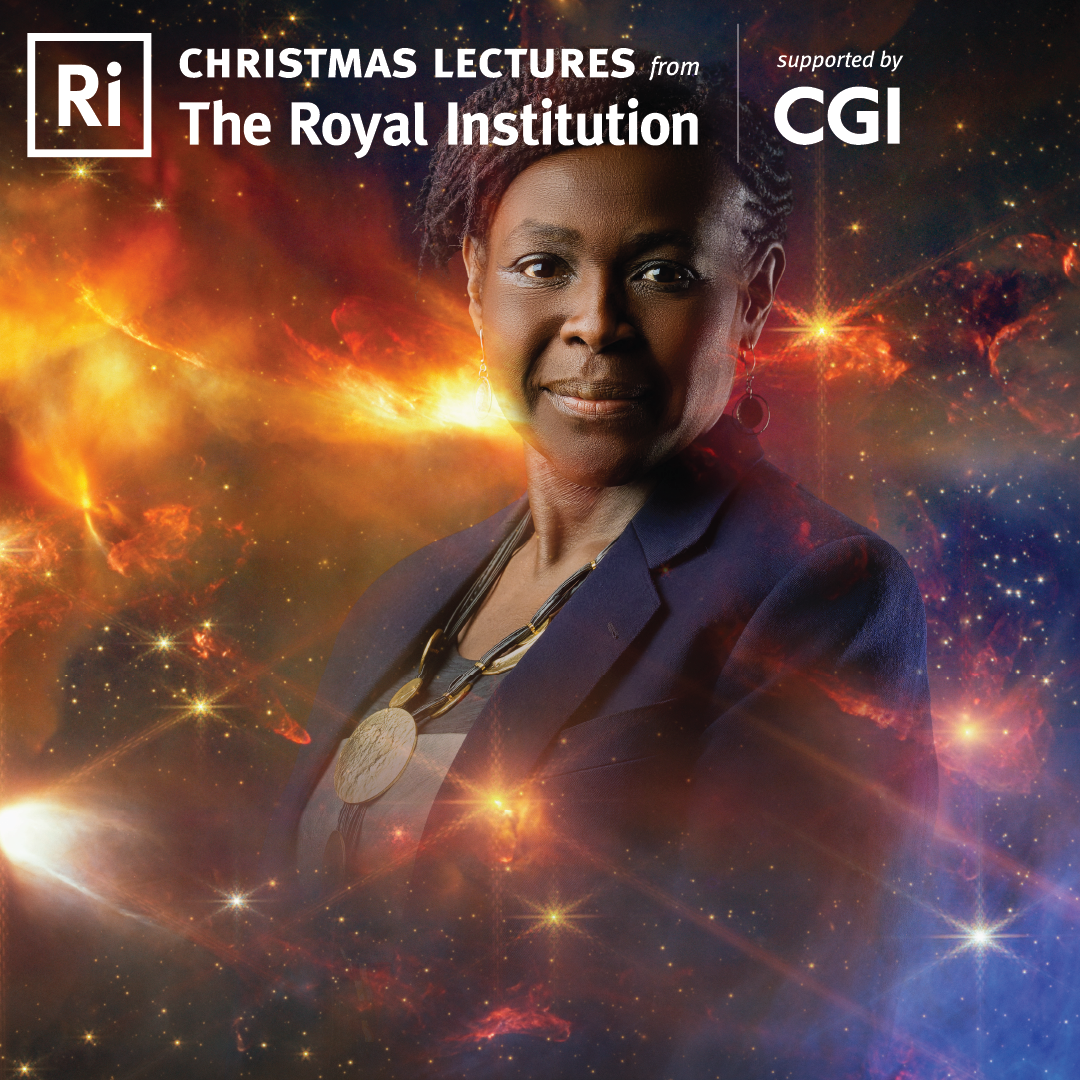 Dame Maggie Aderin Pocock with a background of stars and nebulae