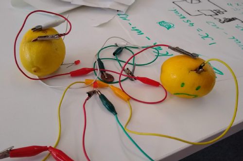 batteries made out of lemons with crocodile clips, pennies, and screws
