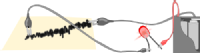 A cartoon diagram of the position sensor with a connection made through the pencil band but the distance between the two crocodile clips is large so the LED is only dimly lit.