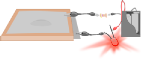 A cartoon representation of the pressure sensor described above with the circuit complete and the LED lit up