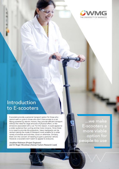 the front page of a document called 'introduction to e-scooters by Jonathan Robinson and Roger Woodman