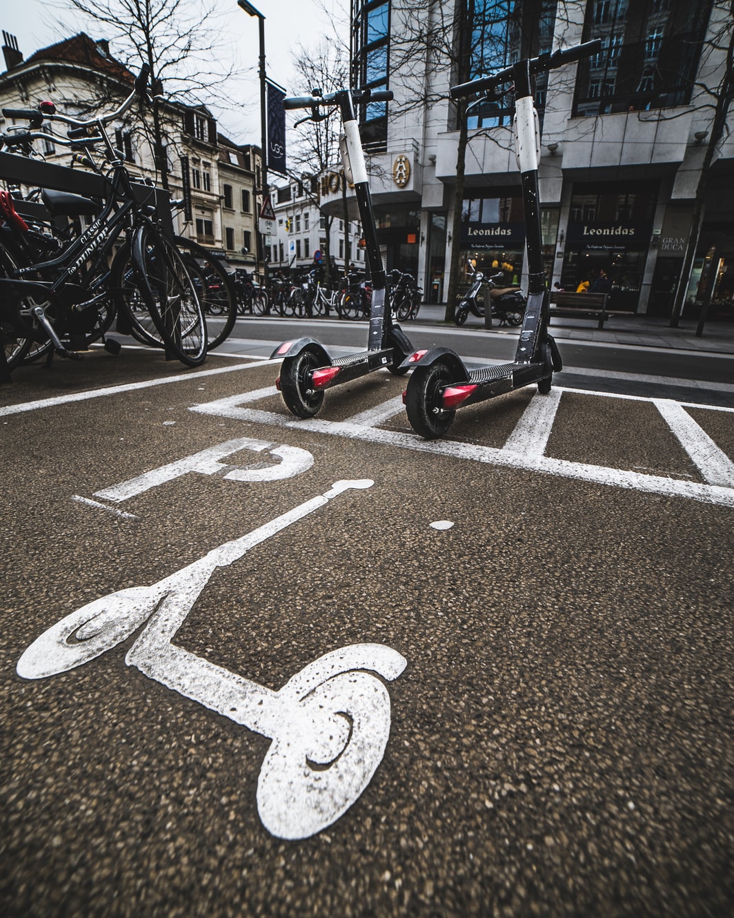 e-scooters are parked in an area marked with a scooter symbol